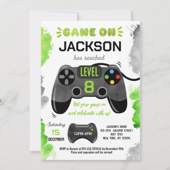 Game On Level Up Video Game Birthday Invitations by SugarPlumPaperie at Zazzle