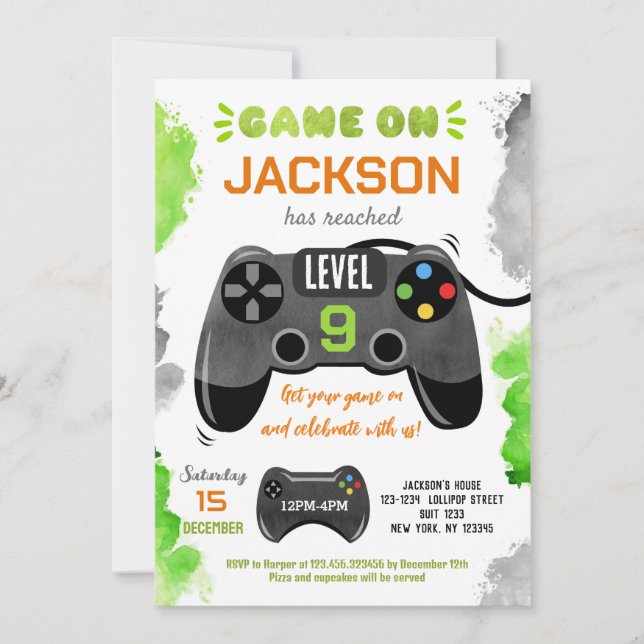 Game On Level Up Video Game Birthday Invitations (Front)