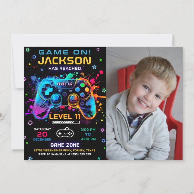 Game On Level Up Video Game Birthday Photo Invitation (Front)