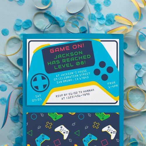 Game On  Level Up  Video Game Boy Birthday Party Invitation