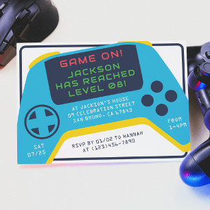 Game On & Level Up   Video Game Boy Birthday Party Invitation