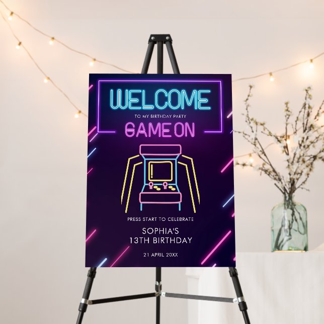 Game On Neon Arcade Games Birthday Welcome Sign (In Situ (Stand))