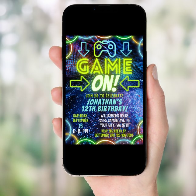 Game On Neon Glow Video Game Gaming Birthday Party Invitation (Front Digital)