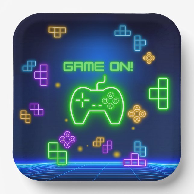 Game on neon green, blue Gamer Paper Plates (Front)