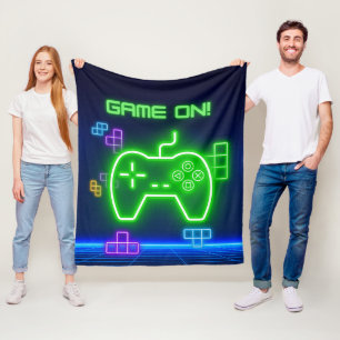 Game on neon green, blue video gamer fleece blanket