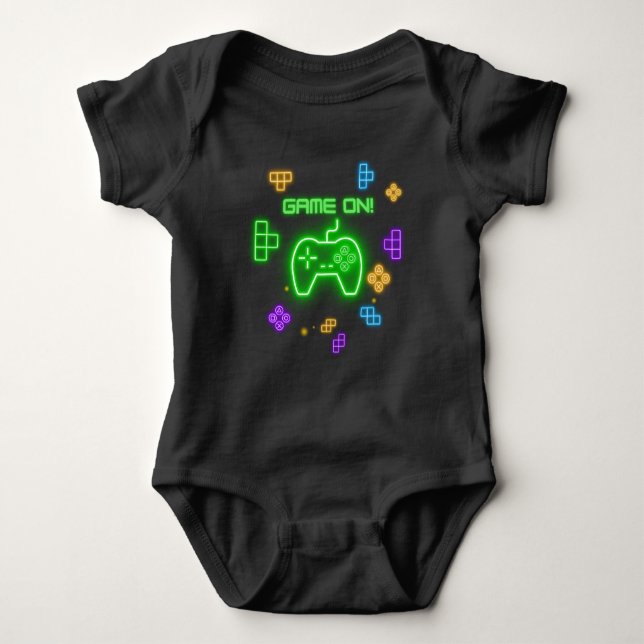 Game on neon green, blue, & yellow gamer baby baby bodysuit (Front)