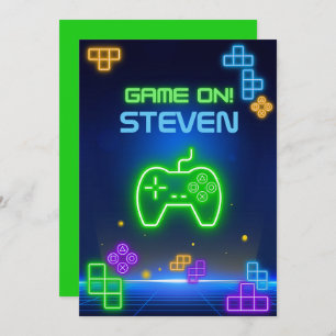 Game on neon green, blue, yellow gamer Invitation