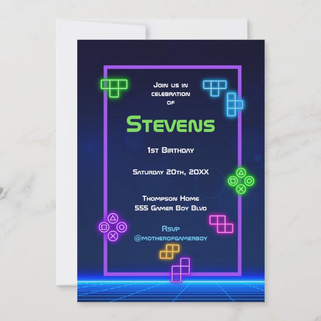 Game on neon green, blue, yellow gamer Invitation (Back)
