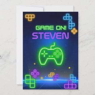 Game on neon green, blue, yellow gamer Invitation