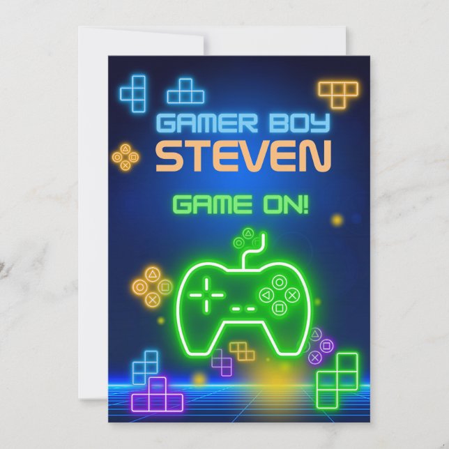 Game on neon green, blue, yellow gamer Invitation (Front)
