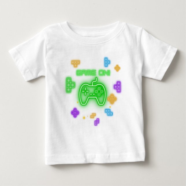 Game on neon green, blue, & yellow gamer T-Shirt (Front)