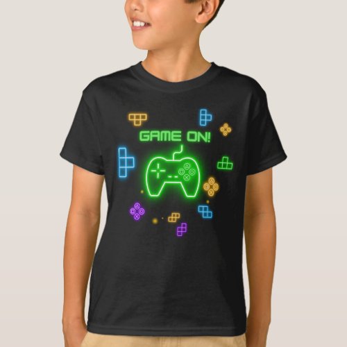 Game on neon green blue  yellow gamer T_Shirt