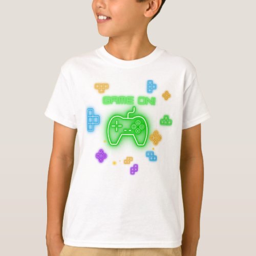 Game on neon green blue  yellow gamer T_Shirt