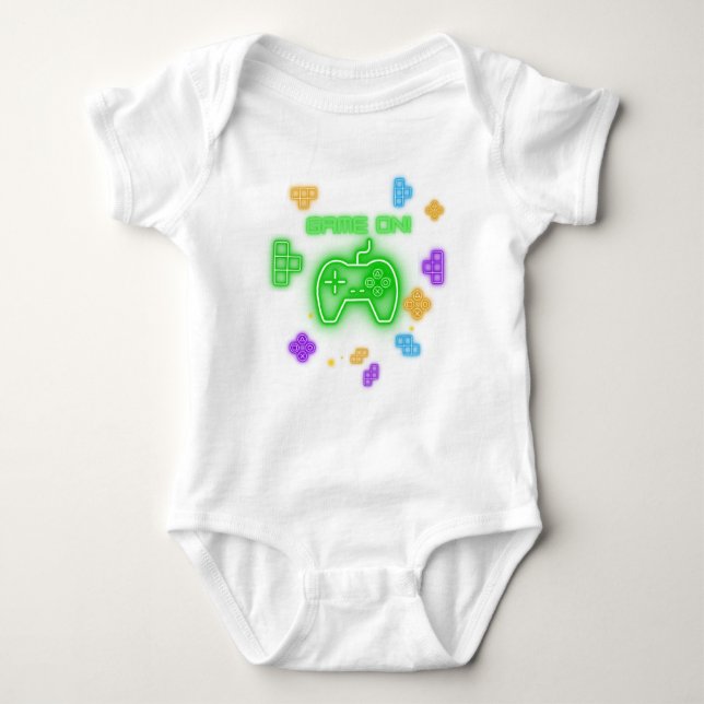Game on neon green, gamer baby bodysuit (Front)