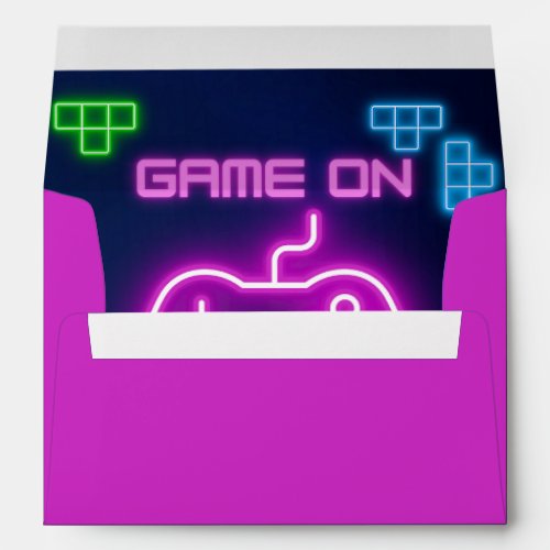 Game on neon pink and blue envelope