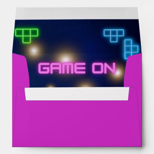 Game on neon pink and blue envelope