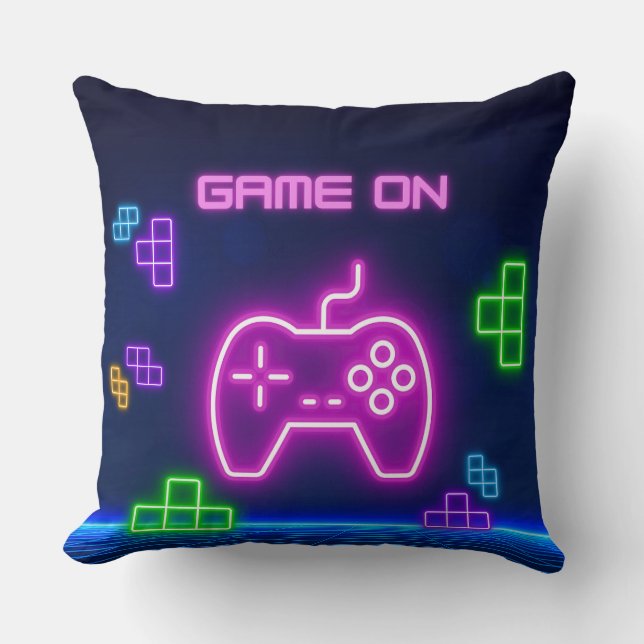 Game on neon pink and green video gamer throw pillow (Front)