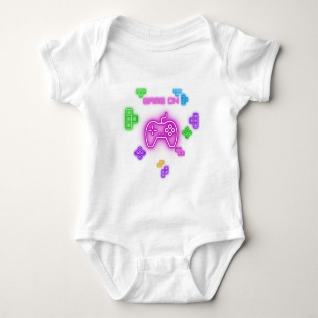 Game on neon, pink, green, blue, & gamer baby  baby bodysuit (Front)