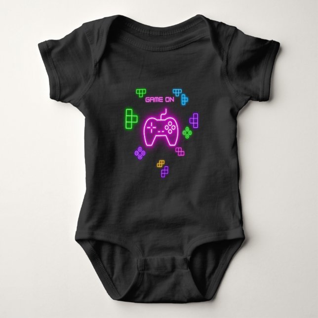 Game on neon pink, green, blue, & gamer baby bodysuit (Front)