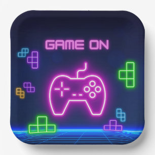 Game on neon pink, green Paper Plates