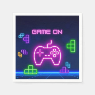 Game on neon pink, green & purple video gamer napkins
