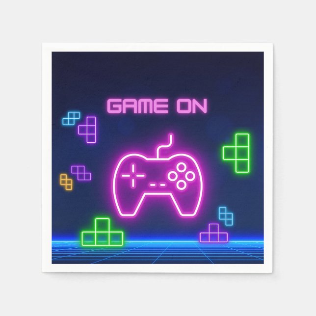 Game on neon pink, green & purple video gamer napkins (Front)