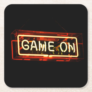 Game On Neon Sign Sports Gaming Gamer Square Paper Coaster