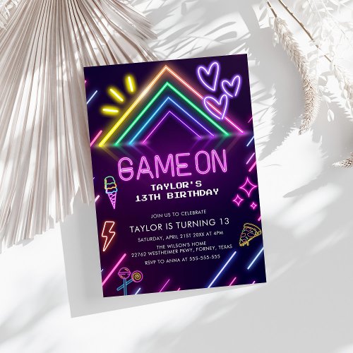 Game On Neon Video Games Girl Birthday Invitation