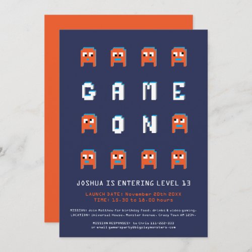 Game on orange monsters gamers birthday party invitation