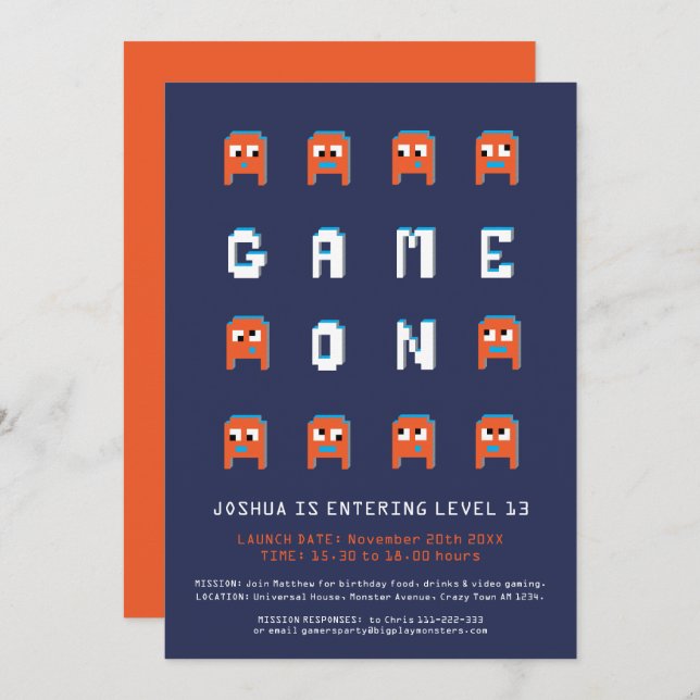 Game on orange monsters gamers birthday party invitation (Front/Back)
