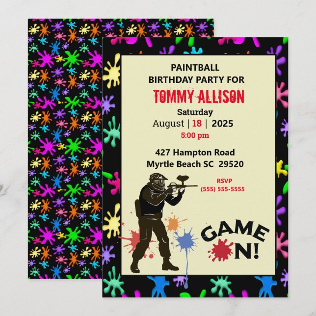 Game On Paintball Birthday Party Invitation (Front/Back)