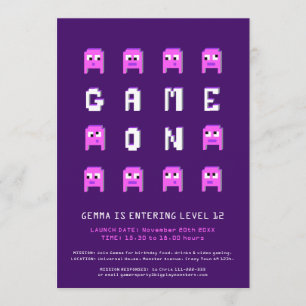 Game on pink girls gaming 12th birthday party invitation
