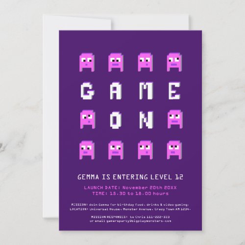 Game on pink girls gaming 12th birthday party invitation