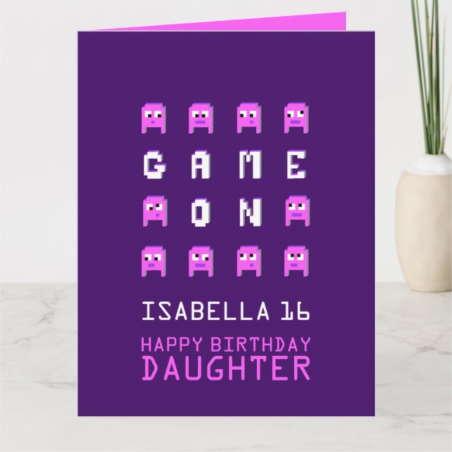Game on pixel gamer 16th birthday daughter card (Front)