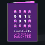 Game on pixel gamer 16th birthday daughter card<br><div class="desc">Purple and pink alien monster pixel graphic characters on dark purple,  personalized 16th birthday card. Fun crazy block graphic pixel 3d crazy monsters aliens video gaming themed daughter or other relatives birthday card. Other matching items are available. Designed by www.mylittleeden.com on Zazzle.</div>