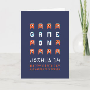 Game on pixel monsters gamer nephew 14th birthday card
