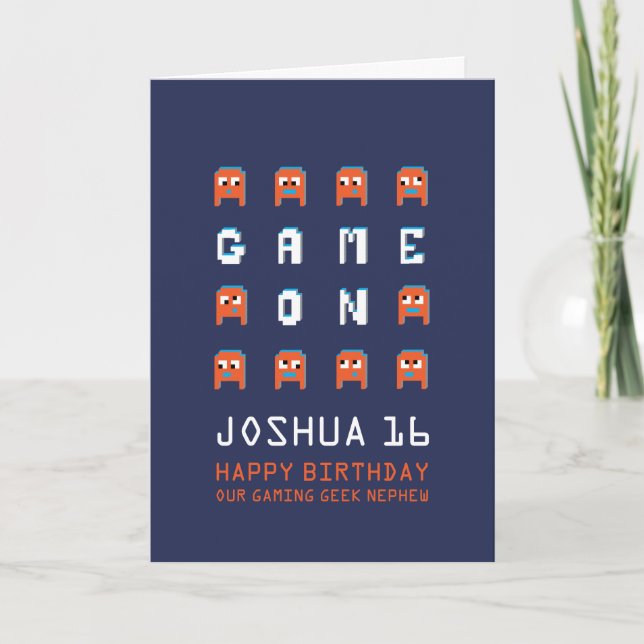 Game on pixel monsters gamer nephew 16th birthday card (Front)