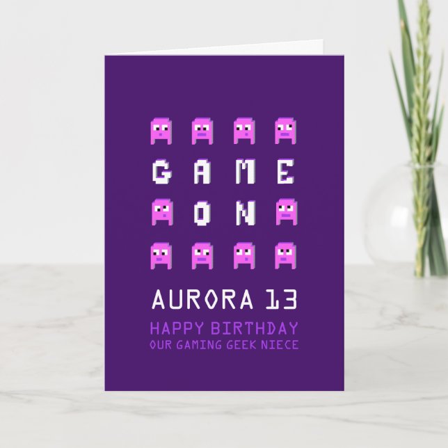 Game on pixel monsters gamer niece 13th birthday card (Front)