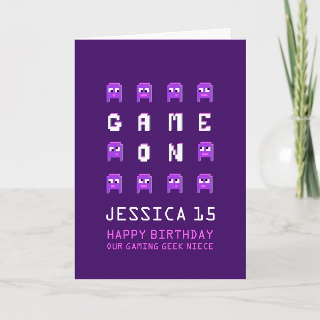 Game on pixel monsters gamer niece 15th birthday card (Front)