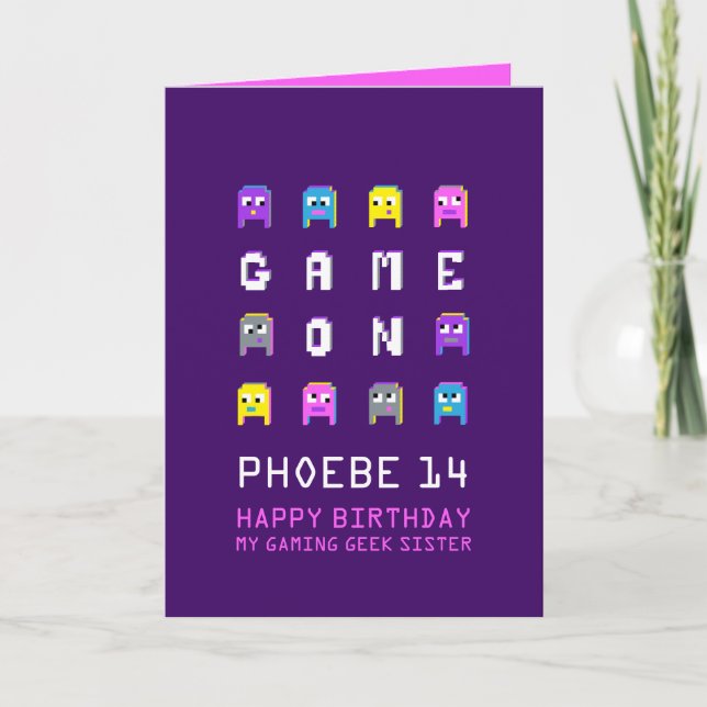 Game on pixel monsters gamer sister 14th birthday card (Front)