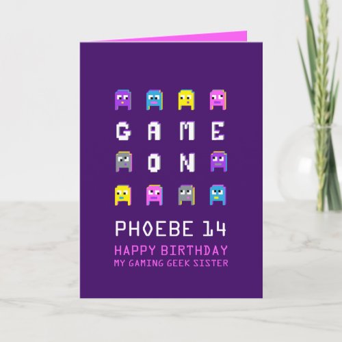 Game on pixel monsters gamer sister 14th birthday card