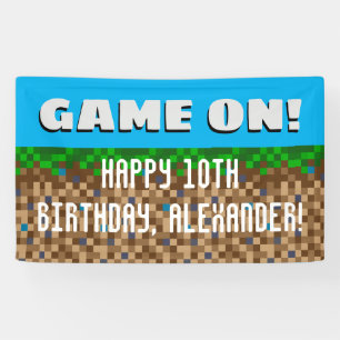 Game On Pixelated Grass Block Gaming Birthday Banner