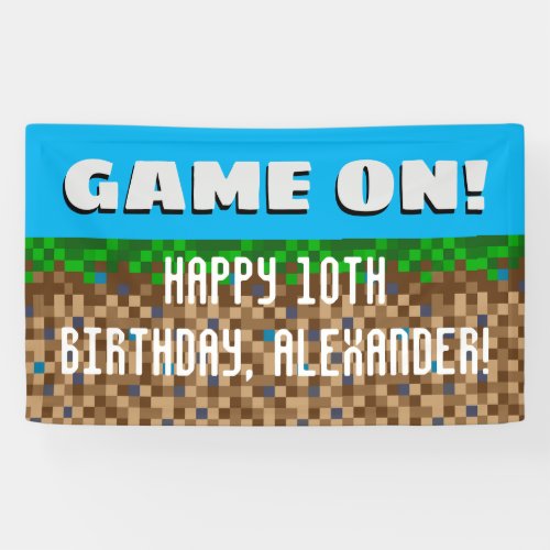Game On Pixelated Grass Block Gaming Birthday Banner