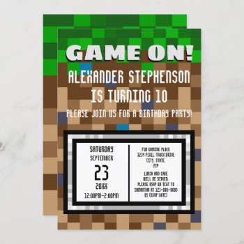 Game On Pixelated Grass Block Gaming Birthday Invitation by CustomInvites at Zazzle