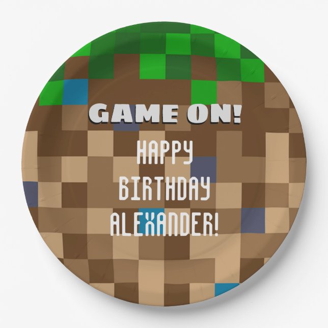 Game On Pixelated Grass Block Gaming Birthday Paper Plates (Front)