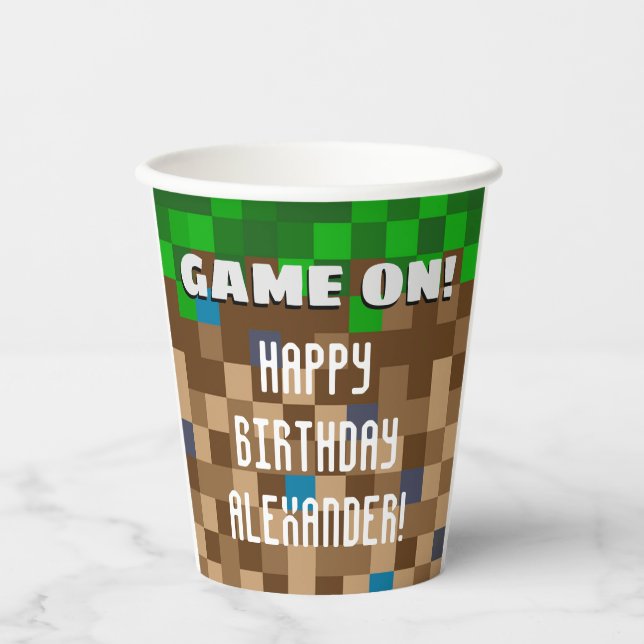 Game On Pixelated Grass Block Gaming Birthday Squa Paper Cups (Front)