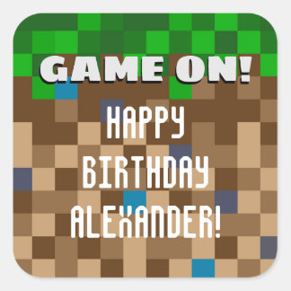 Game On Pixelated Grass Block Gaming Birthday Square Sticker