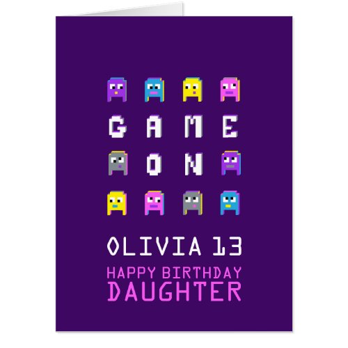 Game on purple pixel gamer 13th birthday daughter card