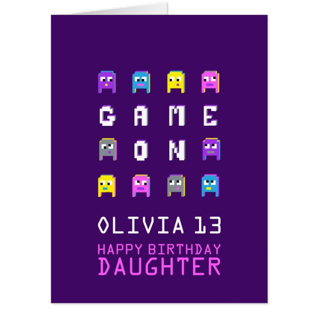 Game on purple pixel gamer 13th birthday daughter card (Front)