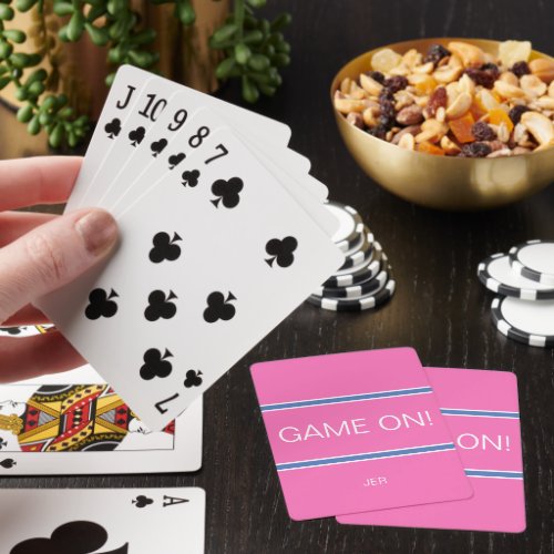 GAME ON Quote Cute Custom Monogram Girly Pink Blue Playing Cards